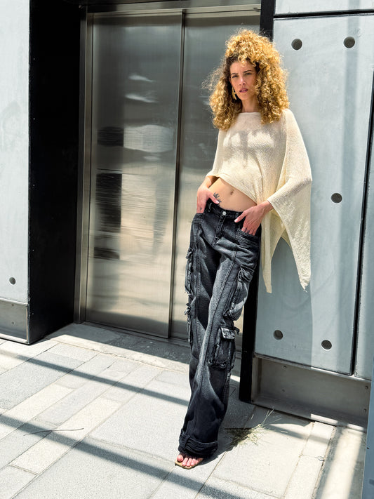 GRAY SHADE HIGH-WAIST CARGO JEANS