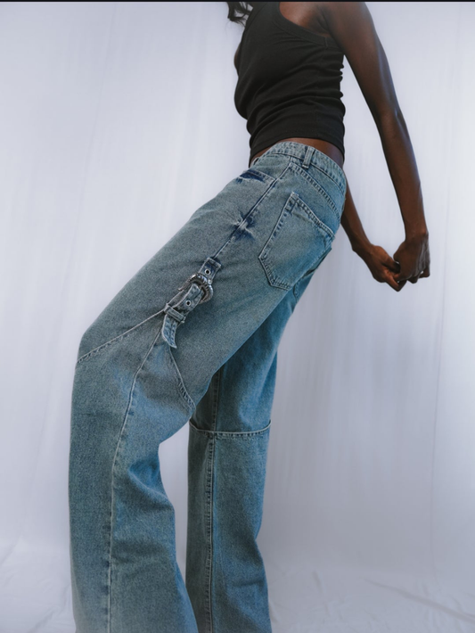 DENIM WIDE LEG PANTS WITH BUCKLE WASHED EFFECT