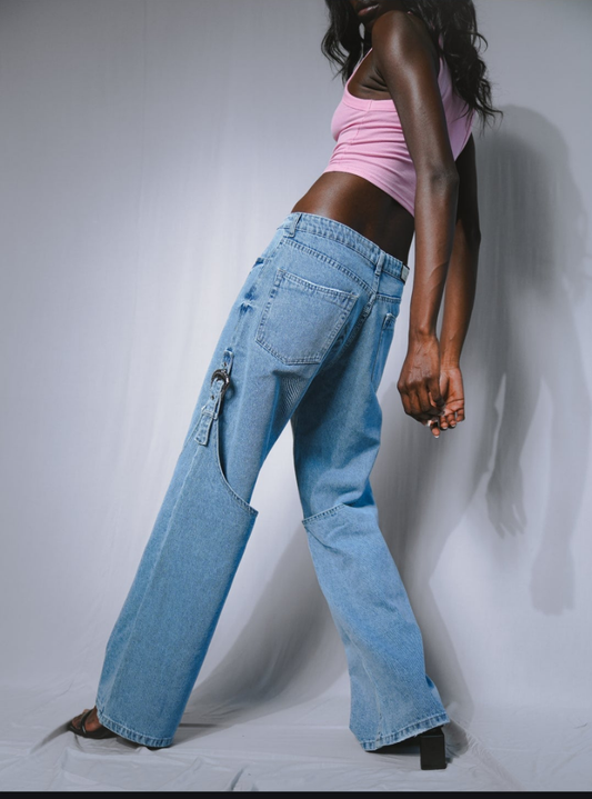 WIDE LEG PANTS WITH BUCKLE LIGHT BLUE