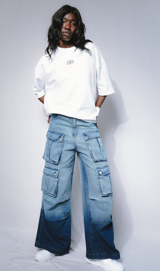 Blue shading wide leg cargo jeans